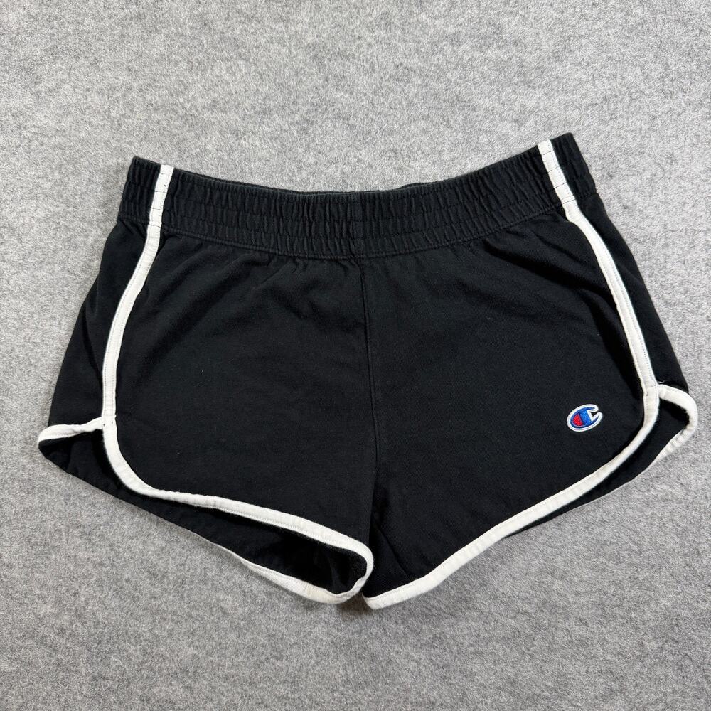 VTG Champion Shorts Womens S Black White Trim Dolphin Hem 100% Cotton Athletic